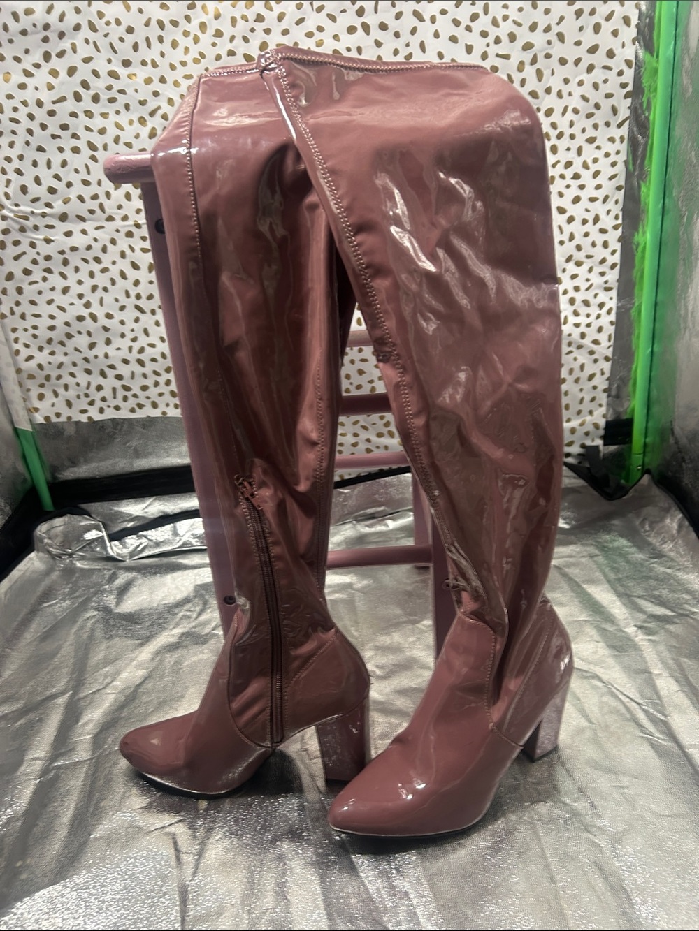 Wild Pair Dusty Rose Patent Over-the-Knee Block Heel Boots